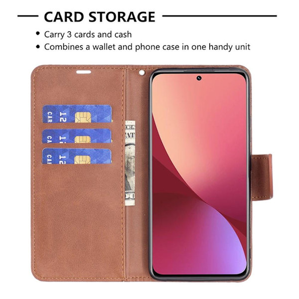 SKALO Xiaomi 12 5G Flip Cover m. pung i PU-læder - Brun Brown