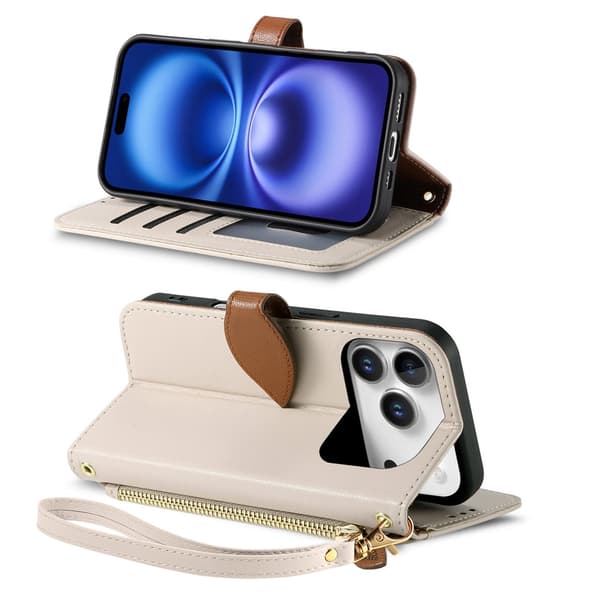 SKALO PU-Läder Lövdesign Plånboksfodral för iPhone 18 Pro Max - Beige Beige