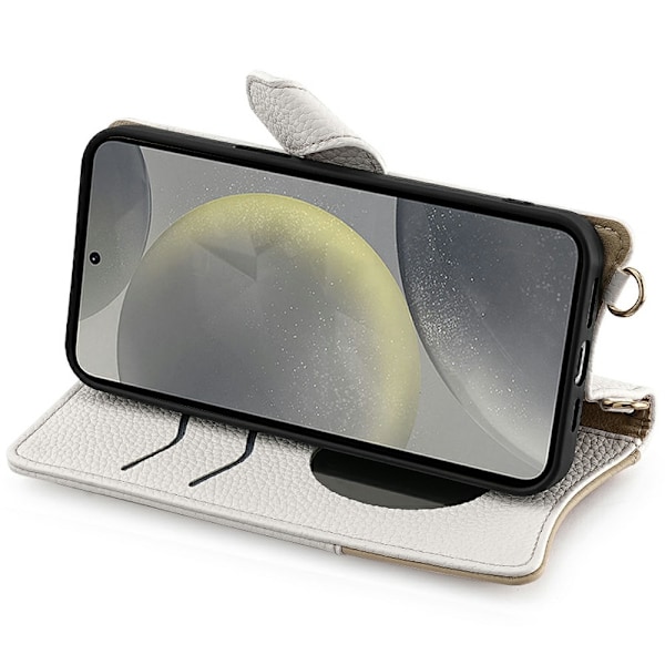 SKALO Samsung S25 Litchi Makeup Mirror Chain Lompakkokotelo - Valkoinen White