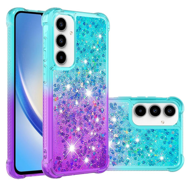 SKALO Samsung A35 5G Juoksuhiekka Glitter Sydämet TPU kuori - Turkoosi-Violetti Multicolor