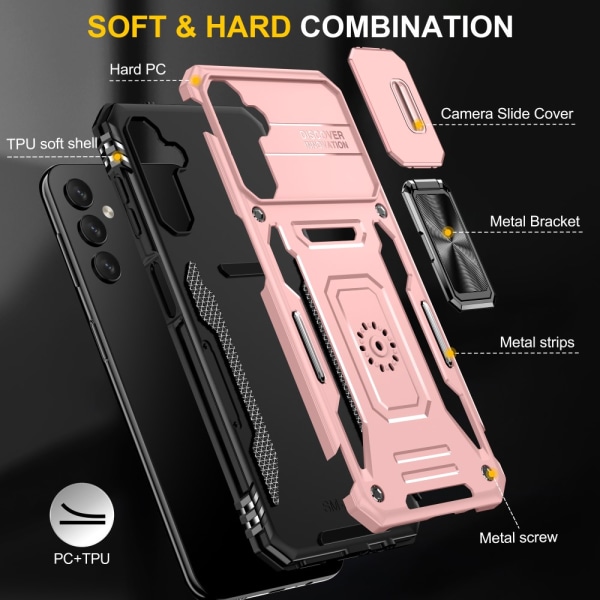 SKALO Samsung A14 4G/5G Armor Hybrid Metal Ring Camera Slider - Rosa guld Pink gold