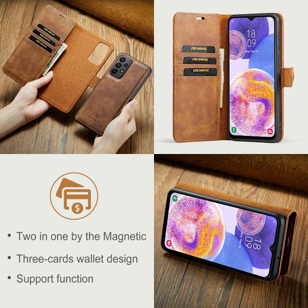 DG MING Samsung A23 5G 2-in-1 magneetti lompakkokotelo - Ruskea Brown