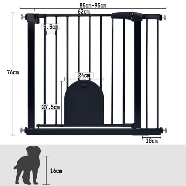 YUENFONG trappsäkerhetsgrind, ingen borrning, med husdjursdörr, bredd 85-95 cm, svart
