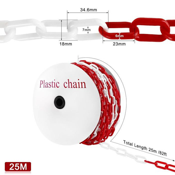 YUENFONG Röd och vit plastkedja, 25m, metallsignalkedja, 6 mm tjock - rund stålkedja