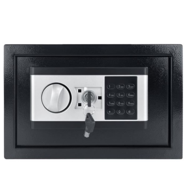 Elektroniskt kassaskåp, Litet kassaskåp i järnstål, eld Med digitalt lösenord och 2 säkerhetsnycklar, Svart, 31 x 20 x 20 cm