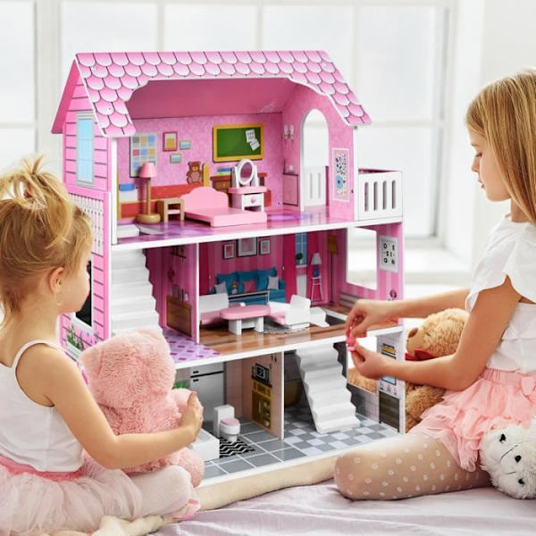 YUENFONG dockhus i trä med möbler och tillbehör, Barbie House 70 cm högt för barn från 3 år och uppåt