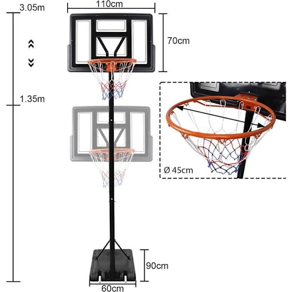 Basketkorg utomhus Basketram för barn och vuxna - Justerbar höjd 135 - 305 cm Basketstativ inomhus
