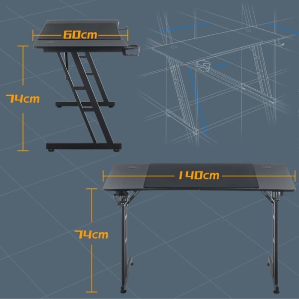 Spelbord Speldatorbord med kolfiberyta Ergonomiskt skrivbord - 140 x 60 x 74 cm
