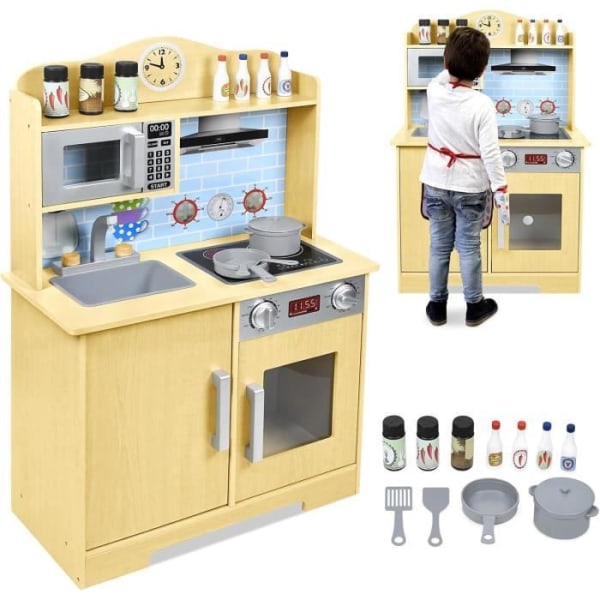 Leksakskök med spis, diskho, mikrovågsugn, barnkök i trä, höjd 92 cm, från 3 år, modell B