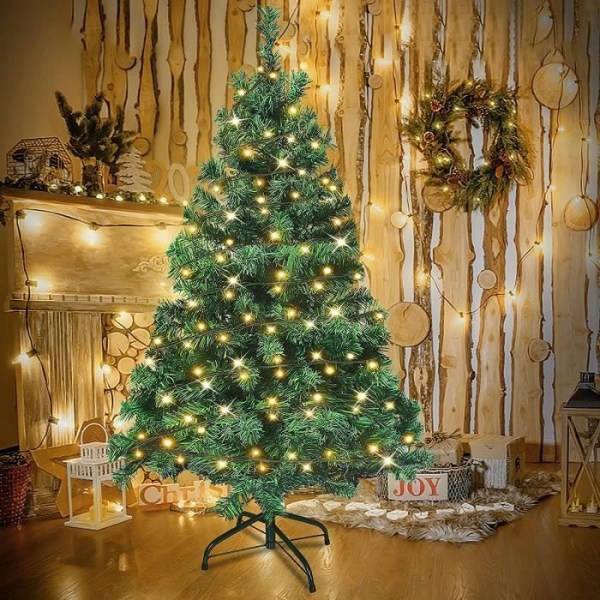 YUENFONG 180 cm konstgjord julgran med ljus, med metallstativ, PVC julgran för juldekoration