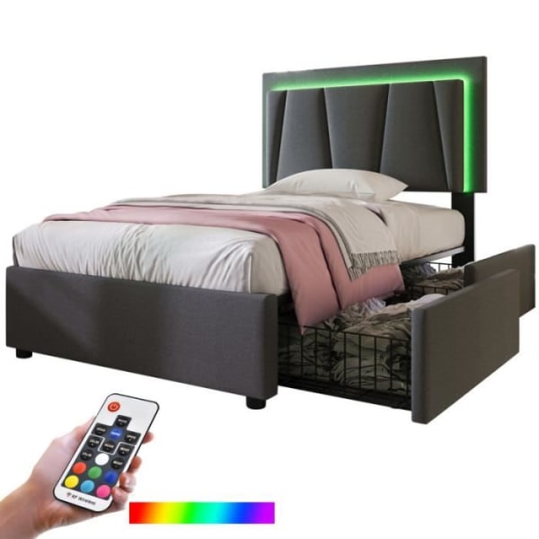 YUENFONG Klädd säng enkelsäng 90x200cm, med LED-belysning och 2 lådor, höj- och sänkbar sänggavel, grå (utan madrass)
