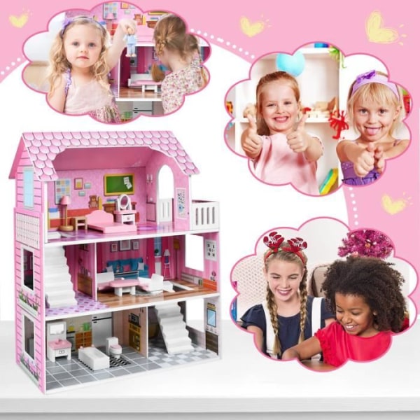 YUENFONG dockhus i trä med möbler och tillbehör, Barbie House 70 cm högt för barn från 3 år och uppåt