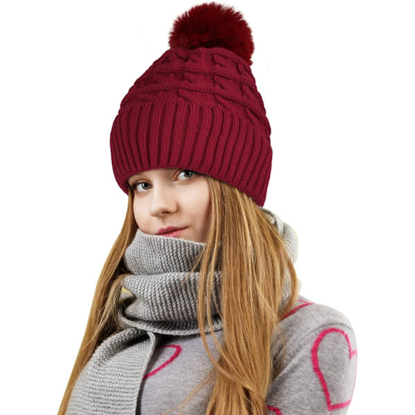 Mössa för kvinnor vintermössa termisk fleecefodrad hatt damer stickade ullmössor med konstpäls pompom RED One size