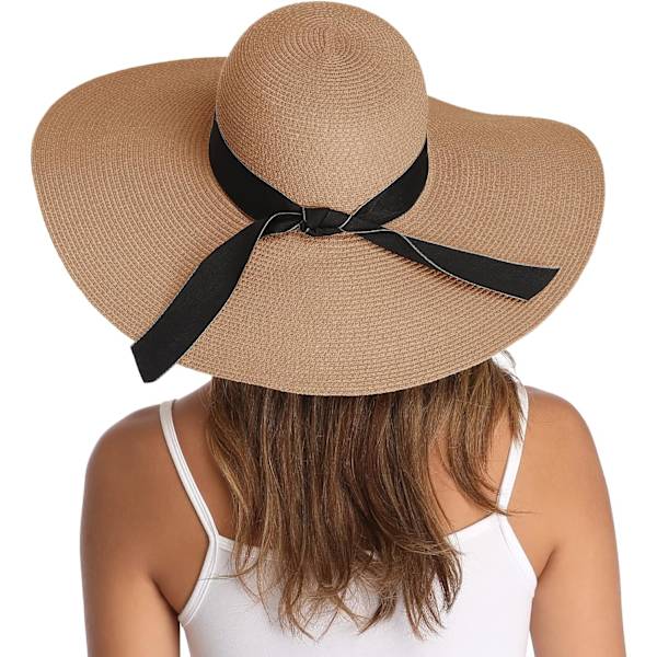 Damhatt i Halm med Bred Brätte, Vikbar, Rullbar, Strandhatt, Solhatt, UPF 50+ Bowknotkhaki