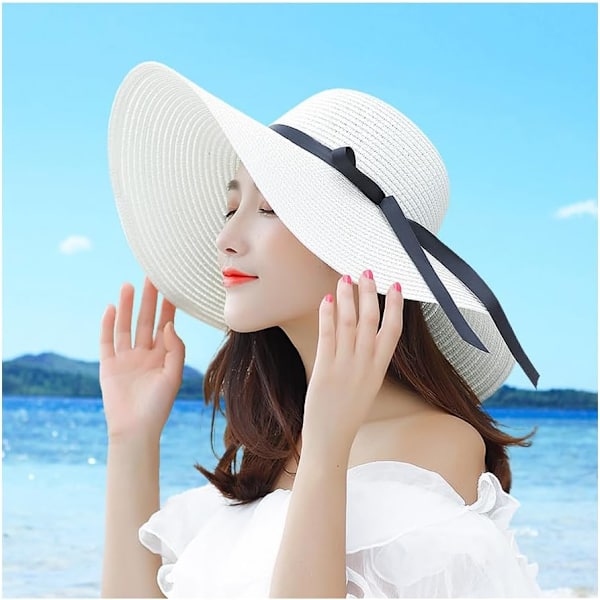 Kvinner Foldbar Floppy Bred Bremskjerm Solhatt Sommer Strandhatt UV UPF 50+ 09Style White