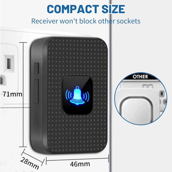 Trådlös dörrklocka, IP55 vattentät plug in sladdlös dörrklockor chime kit-1000 Ft räckvidd 55 chimes 5 nivåer volym Led blixt, batteridriven Expanda Black 1 Push Button + 1 Receiver