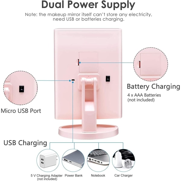 Valaistu meikkpeili 2x/3x suurennuksella, 21 LED-valolla, kaksoisvirtalähteellä, säädettävällä kirkkaudella ja kulmalla (vaaleanpunainen) Pink