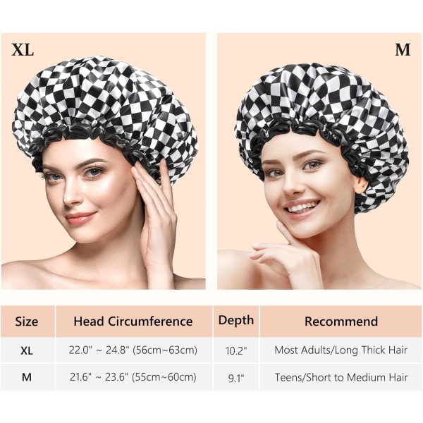 Shower Cap for Women Pack of 2, Reusable, Double Layers Waterproof Bathing Shower Hat with Soft PEVA Lining, Shower Cap for Long Hair Medium, Chec