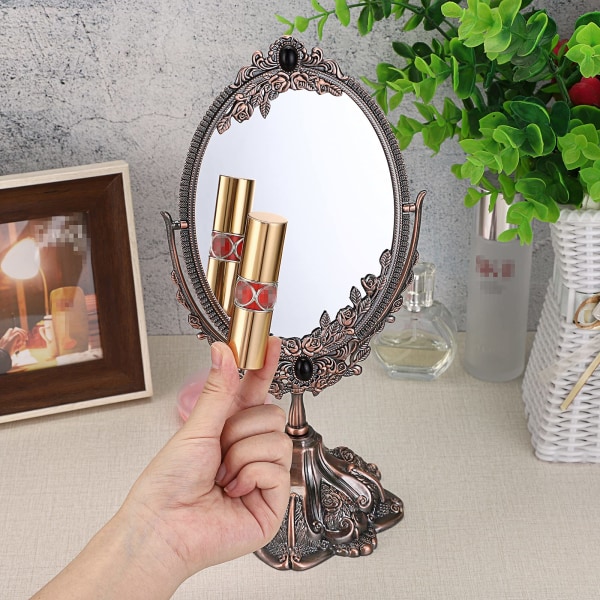 Sminkspegel Vintage Spegel Oval Dubbelsidig Roterbar Dressing Spegel Skrivbordsskåp Dekorativ Stående Bordsskiva (liten) (röd brons)