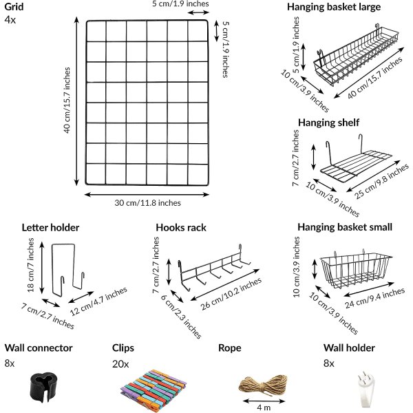 4-pakning trådkurvveggpanel med tilbehør | Inkluderer hengende kurver, brevholder, hylle og krokhenger | Komplett sett | Trådtavle | Ha Black 4 Pack