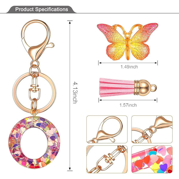 Nyckelringar i form av initialer för kvinnor Tassel Butterfly Pink Purple Cute Car Keyring för plånbok Handväskor Ryggsäck A-Z Pink O