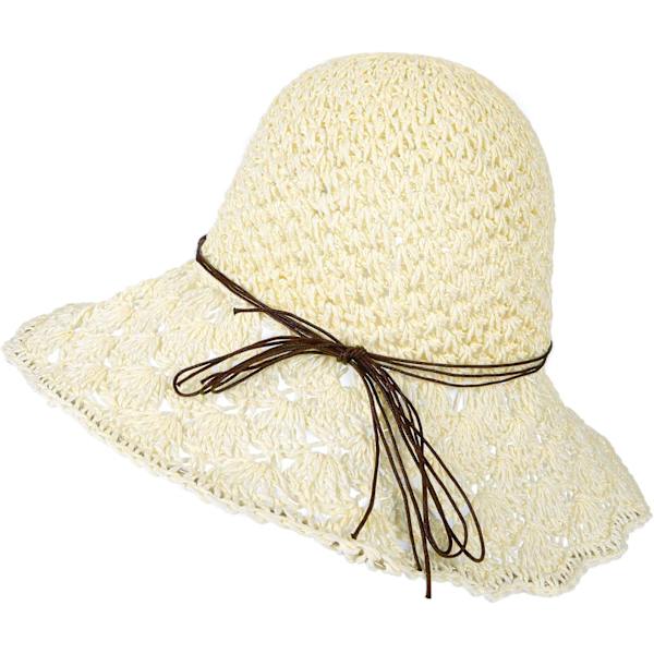Solhatt i halm för kvinnor, damer, hopfällbar, bredbrättad, med rosett, justerbar, strandhatt, elegant hinkhatt, UPF 50 UV-skydd, bekväm Creamy White One Size