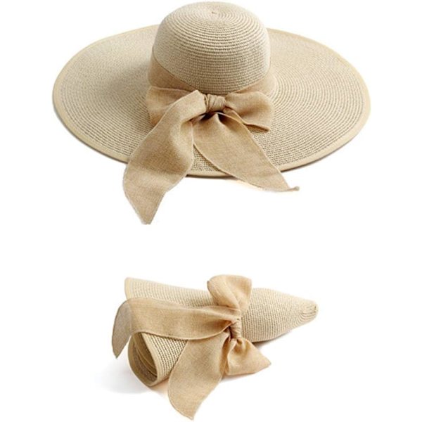 Dam bredbrättad halmhatt Floppy hopfällbar rulla upp keps strand solhatt UPF 50+ 08BBowTieBeige