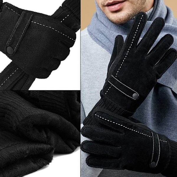 Tykke Fløjls Vintermode Handsker, Meiyaa Varme Mænd Svinehudlæder Varme Handsker, Udendørs Vindtætte Handsker Black