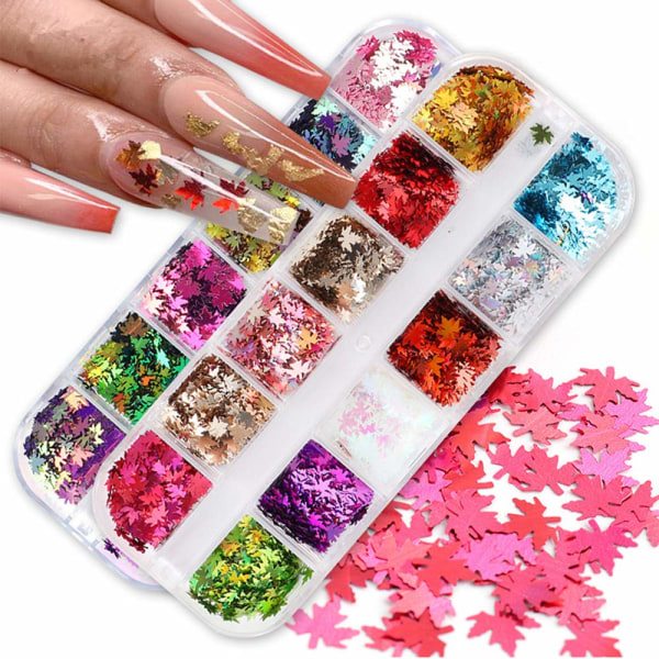 Maple Leaf Paljetter, 2 lådor 3D holografiska nagelpaljetter DIY Nail Art Sticker Nageldekorationer Ansikte Kroppshår Makeup Glitter