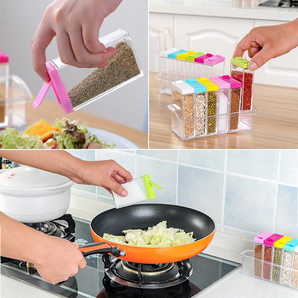Transparent plast kryddburk set om 6, kryddburkar kryddförvaring behållare för salt socker och peppar praktisk design