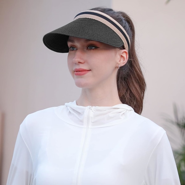 Kvinners store brem strand halm golf solhatt sommer caps Black One Size
