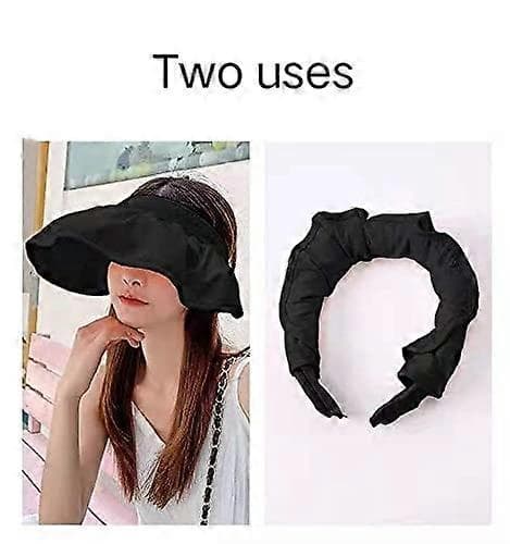 Solhatter for kvinner, solhatt med stor brem for stranden som et hårbånd (Svart)