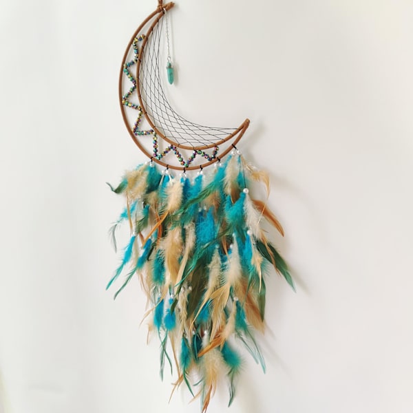 Drømmefanger Måne Drømmefangere for Soverom Brun&Blå Fjær Drømmefangere Dreamcatcher Ornamenter for Soverom Vegg Hengende Gaver