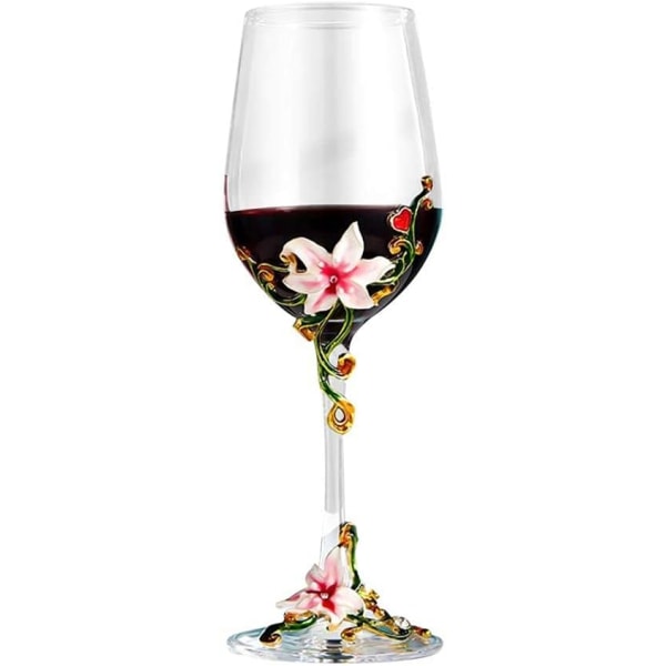 Håndmalte emaljerte blomsterblyfrie vinglass, 320 ml/10,8 oz røde/hvite krystallvinglass (rosa kopplilje) Pink Cup Lily