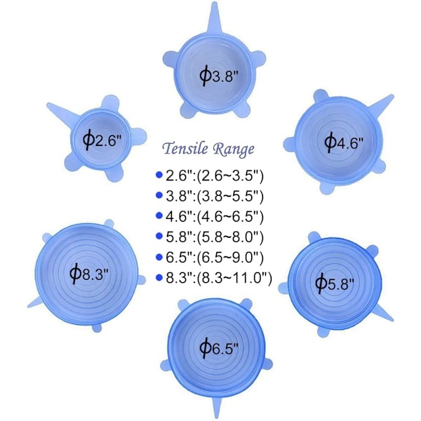Silikonstrekklokksett, 6 størrelser, gjenbrukbare matlagringsdeksler, silikonbolledeksler, fleksible for å passe alle former for beholdere, matdeksel for å holde blue,white