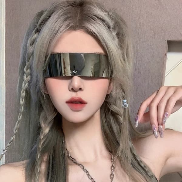 Futuristic Sunglasses Y2K Space Cyclops Wrap Around Glasses Rimless Transparent Mirror Lens