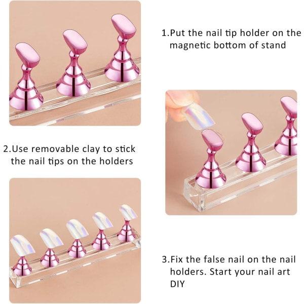 2 set akryl nageldisplayställ nagelspetsövningshållare magnetisk nagelövningsställ fingernagel DIY nagelkonstställ för falska nagelspetsar manikyr T Pink