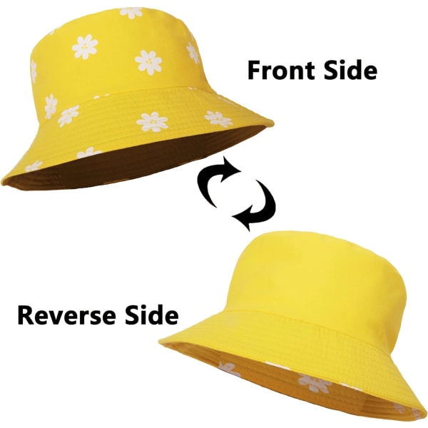 Bucket Hat Kvinner - Reversibel Bomull Fiskerhatt Strand Sol Foldbar Dobbeltsidig Bucket Hater Tusenfryd Trykk Estetisk Cap for Kvinner Tenåringer Reiser Yellow ML