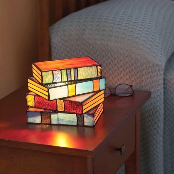 Stained Glass Stacked Books Lamp, Night Light, Lighting Book Stacking Lantern, Stacked Aesthetic Table Lamp for Bedroom Home Office Decor