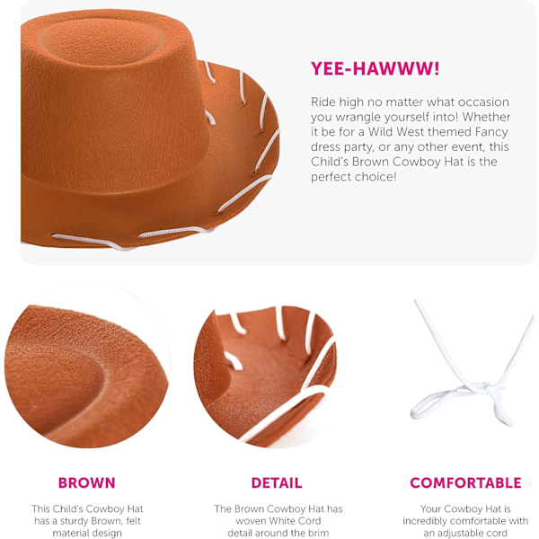 Barnebrun Cowboyhat - Cowboy og Cowgirl Hat Tilbehør - Perfekt til Vilde Vesten og Cowboy Temafester, Verdensbogsdag eller Andre Udklædningslejligheder Brown Pack of 1