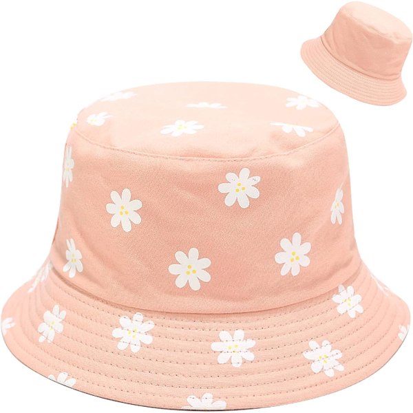 Søt Bucket Hat Beach Fisherman Hats for kvinner, reversible Double-Side-Wear Flower Pink