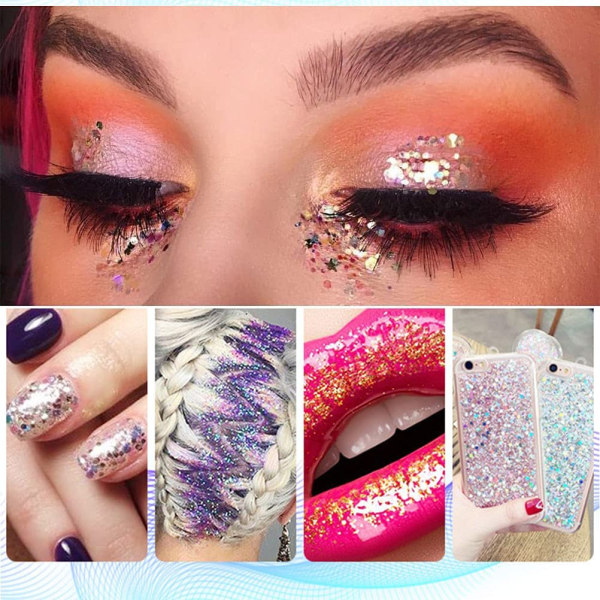 12 väriä Face Glitter, Holografinen festivaali Glitter hiuskiilto 2 kpl tuplapääsiveltimillä Chunky Body Glitter juhliin