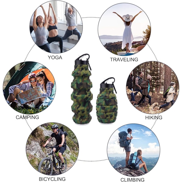 Sammenleggbar Reisevannflaske 18 oz, Gjenbrukbar Silikon Sammenleggbar Vannflaske for Skole, Kontor, Treningssenter, Camping og Fotturer, Bærbar Lekkasjesikker Army Green Camouflage