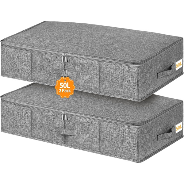 Underbed Storage Bins with Lids 50L, 2-Pack Under Bed Storage Containers, Foldable Fabric Underbed Storage, 76x38x17cm