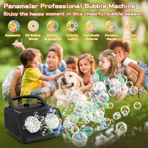 Automatisk bubbelmaskin, professionell bubbelmaskin 2 lägen för barn 20000+ bubblor/min, 26 hål bärbar elektrisk bubbelblåsare leksaker med 120 ml så Black