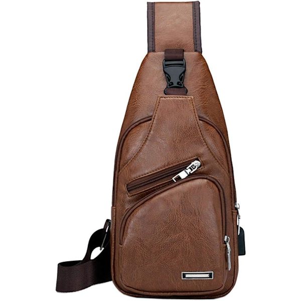 PU-nahkainen olkalaukku miehille ja naisille, pieni olkalaukku, crossbody-rintareppu, jossa USB-latausportti ja kuulokeliitäntä, ulkoiluun, matkustamiseen ja patikointiin #21brown(pu/Usb)