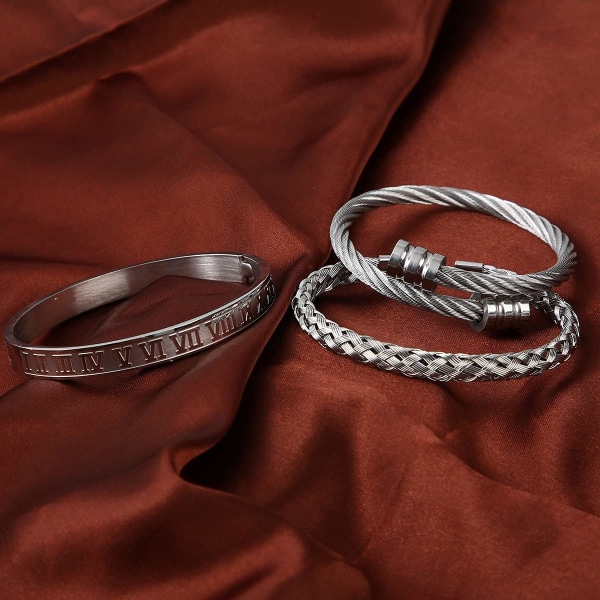 3PCS rustfritt stål armbånd for menn gull romertall armbånd justerbar mansjett armbånd herre luksus smykker armbånd gaver Stainless Steel,Gold,Silver