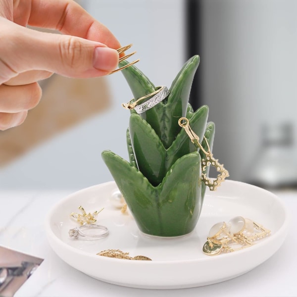 Aloe Ringholder, Kaktus Ringholder, Smykkeholder Skåle til Ringe Øreringe Halskæde Organizer, Brudepige Julefødselsdag Kaktus Gave til Green Aloe02