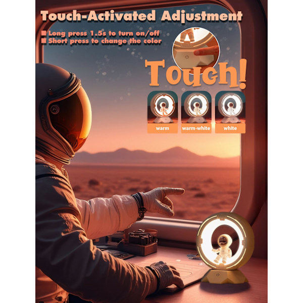 Astronaut rum natlampe, koldt og varmt lys genopladelig dæmpbar touch natlampe, velegnet til soveværelse sengebord stue skrivebord (hvid) White