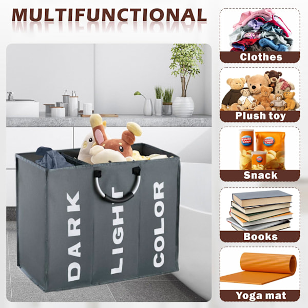 3-delad tvättkorg, ljus och mörk färg canvas, för förvaring av smutsiga kläder (grå) Dark Gray